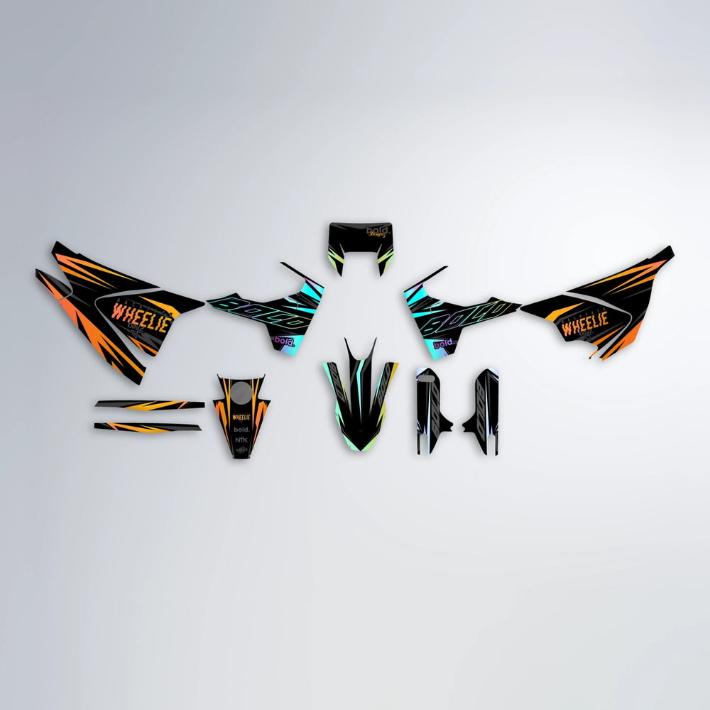 RAINBOW Husqvarna 701 graphics kit parts layout in Orange & Yellow