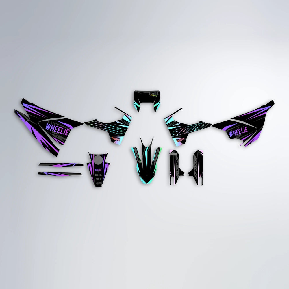 RAINBOW Husqvarna 701 graphics kit parts layout in Purple & Yellow