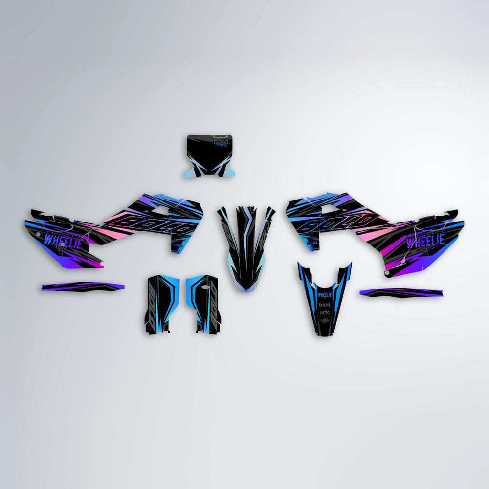 RAINBOW Husqvarna FE/TE graphics kit parts layout in Blue Purple Fade