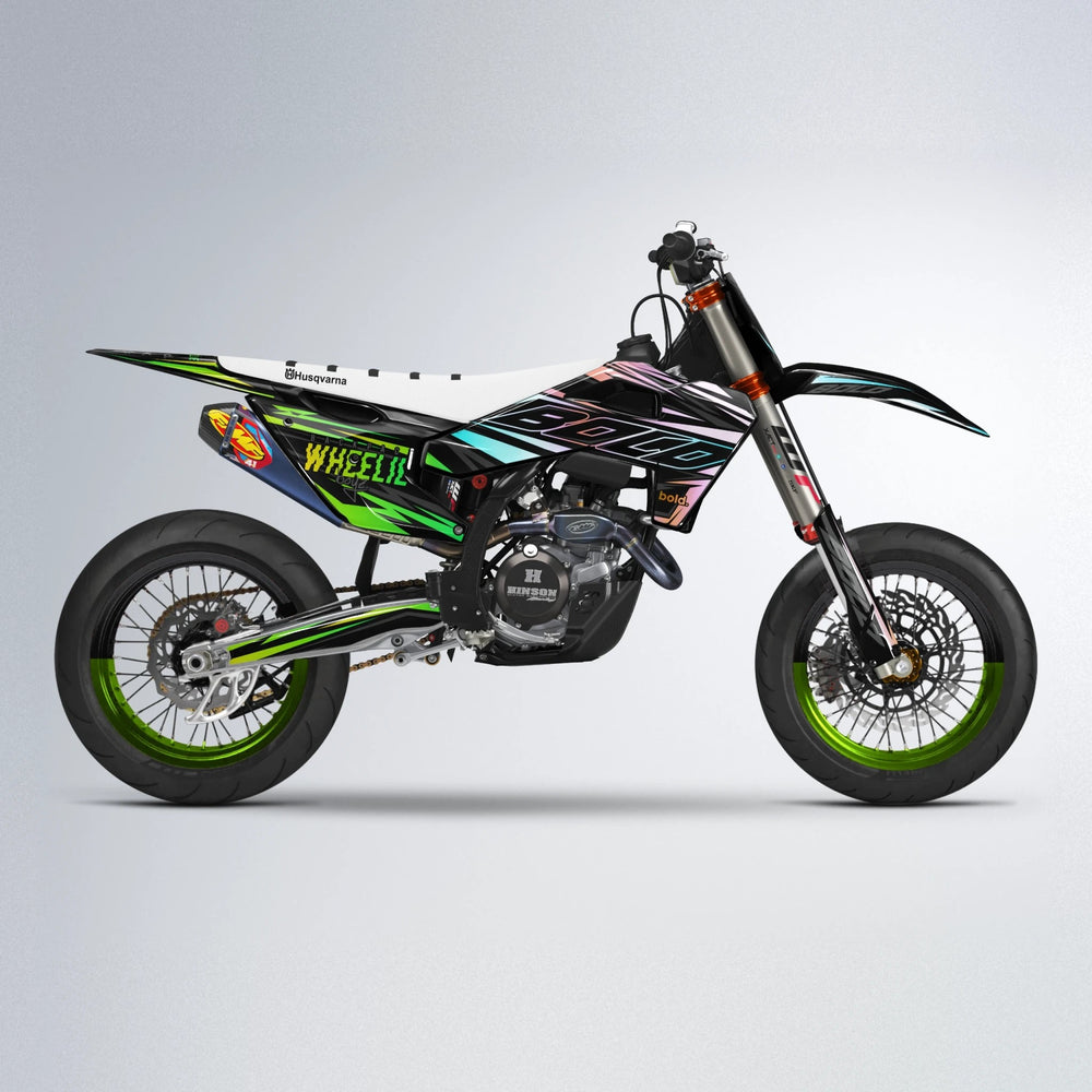 RAINBOW Husqvarna FE/TE supermoto graphics kit in Cyan & Green