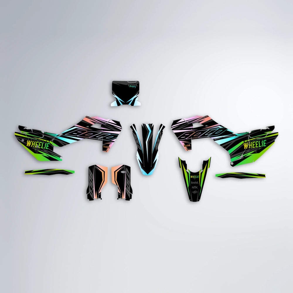 RAINBOW Husqvarna FE/TE graphics kit parts layout in Cyan & Green