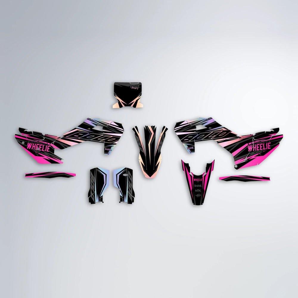 RAINBOW Husqvarna FE/TE graphics kit parts layout in Flamingo