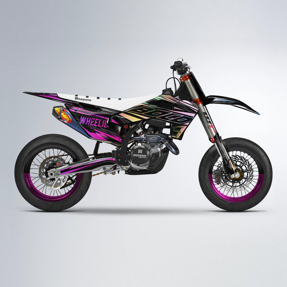 RAINBOW Husqvarna FE/TE supermoto graphics kit in Pink & Light Blue
