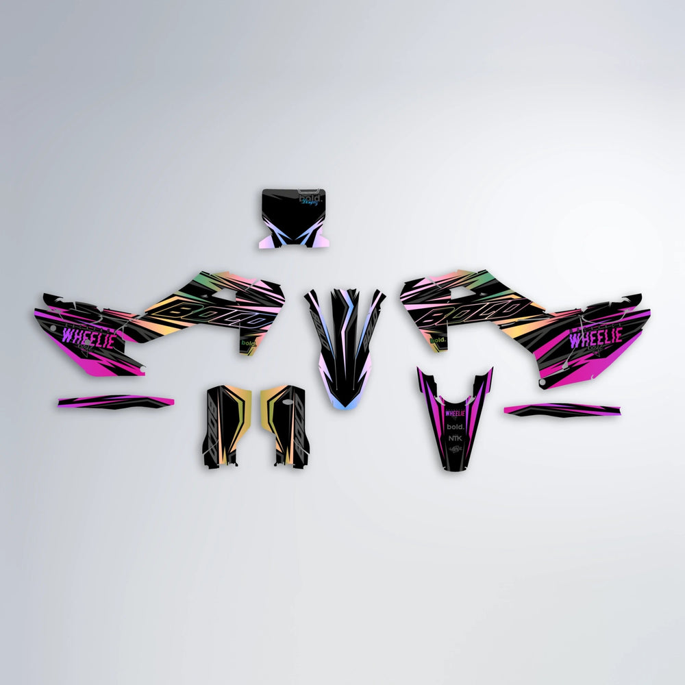 RAINBOW Husqvarna FE/TE graphics kit parts layout in Pink & Light Blue