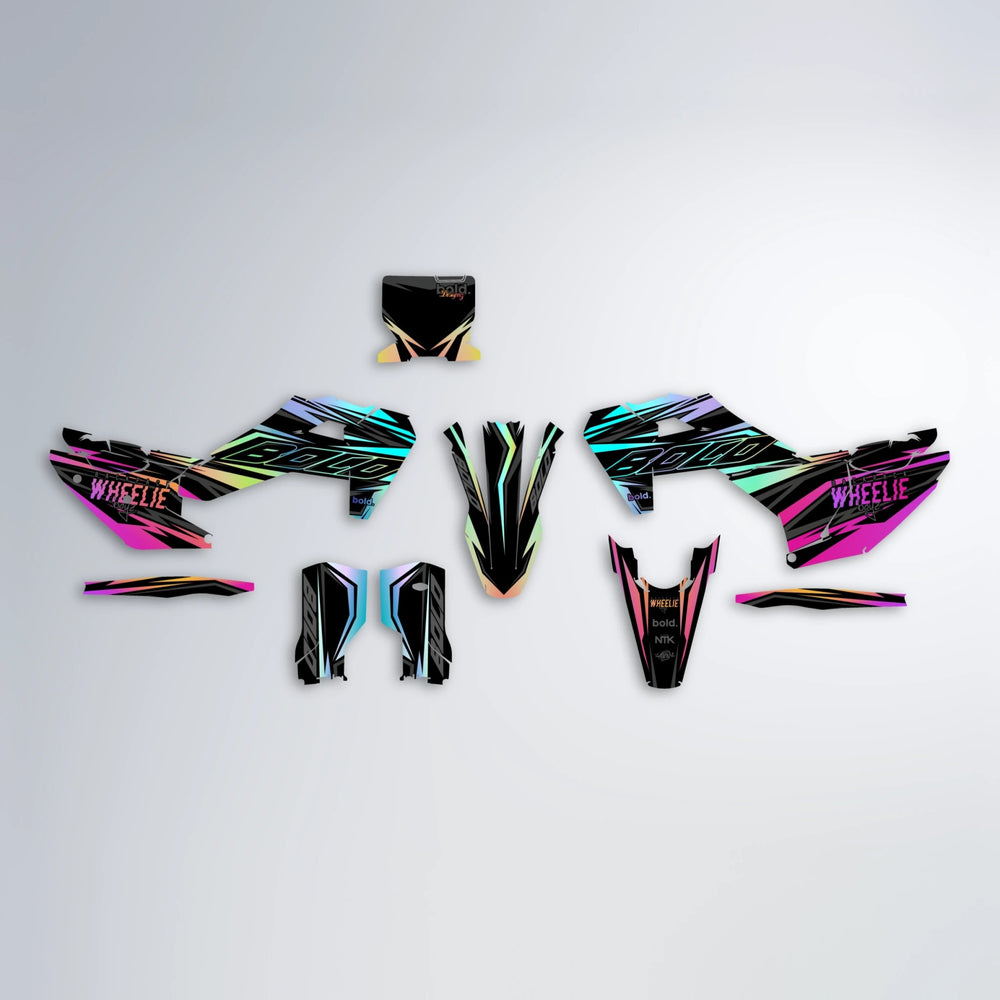 RAINBOW Husqvarna FE/TE graphics kit parts layout in Pink & Yellow