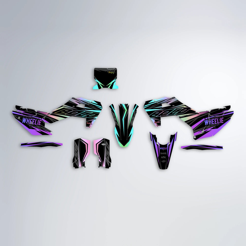RAINBOW Husqvarna FE/TE graphics kit parts layout in Purple & Yellow