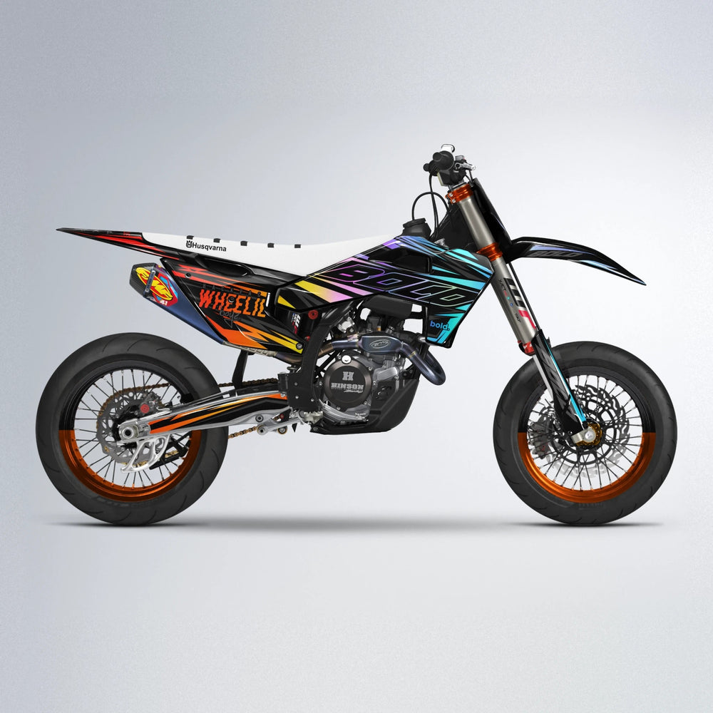 RAINBOW Husqvarna FE/TE supermoto graphics kit in Sunset Fade