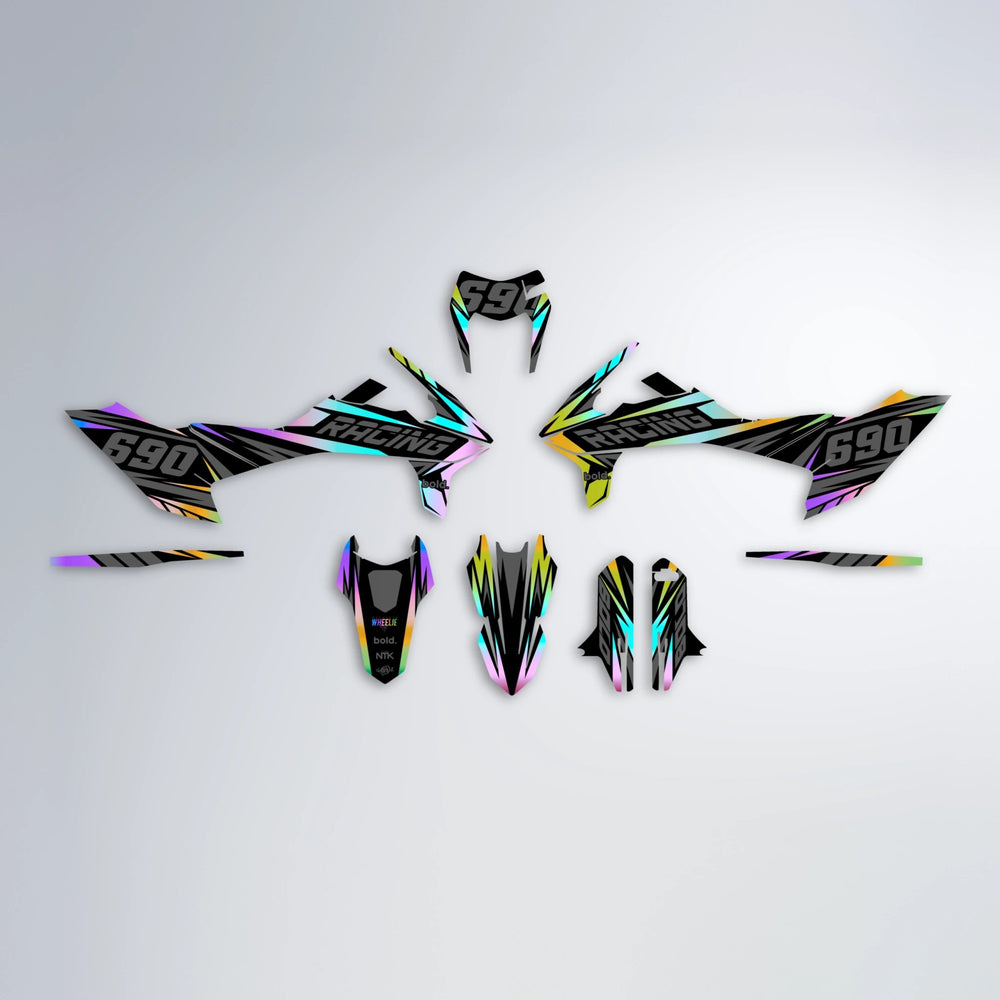 RAINBOW KTM SMC 690 graphics kit parts layout in Purple & Yellow