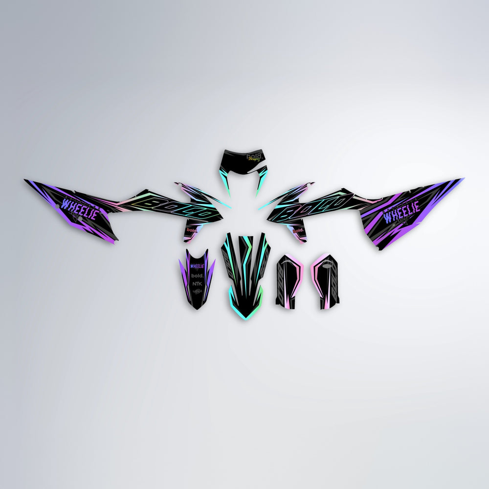 RAINBOW graphics kit parts layout in Purple & Fluo Yellow