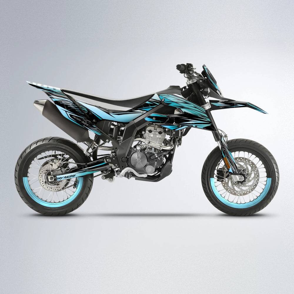 REDRUM Aprilia SX 125 supermoto graphics kit in Light Blue & White