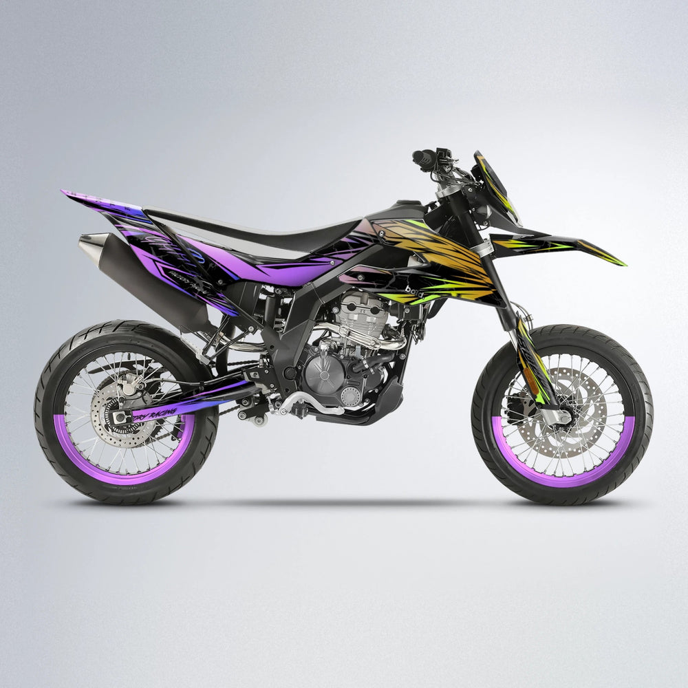 REDRUM Aprilia SX 125 supermoto graphics kit in Purple & Yellow