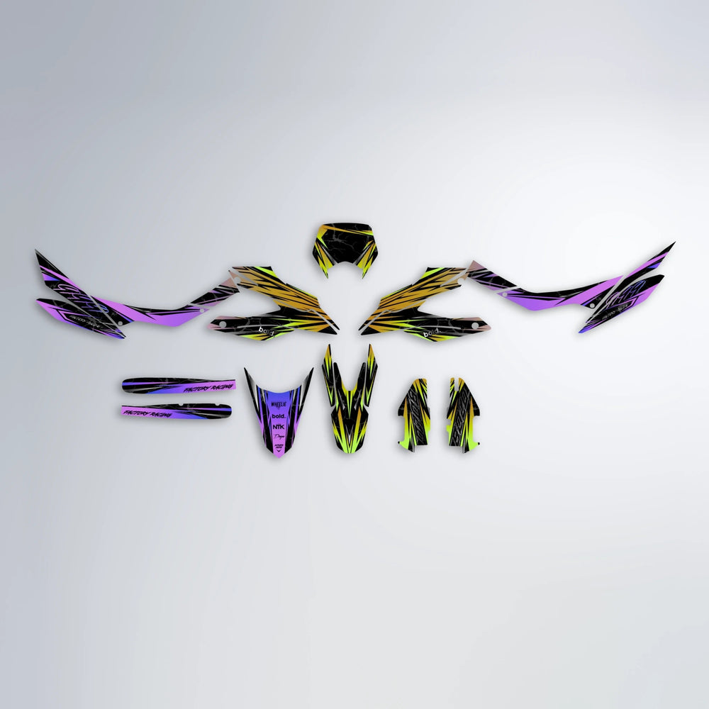 REDRUM Aprilia SX 125 graphics kit parts layout in Purple & Yellow