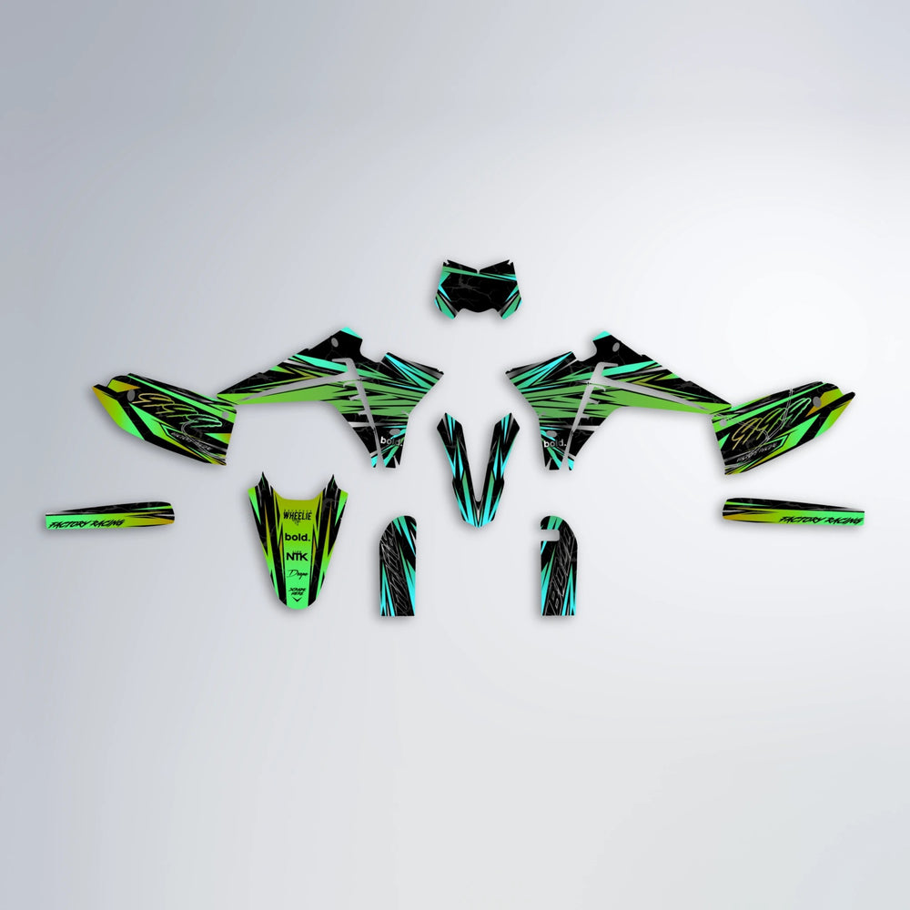 REDRUM Fantic graphics kit parts layout in Cyan & Green