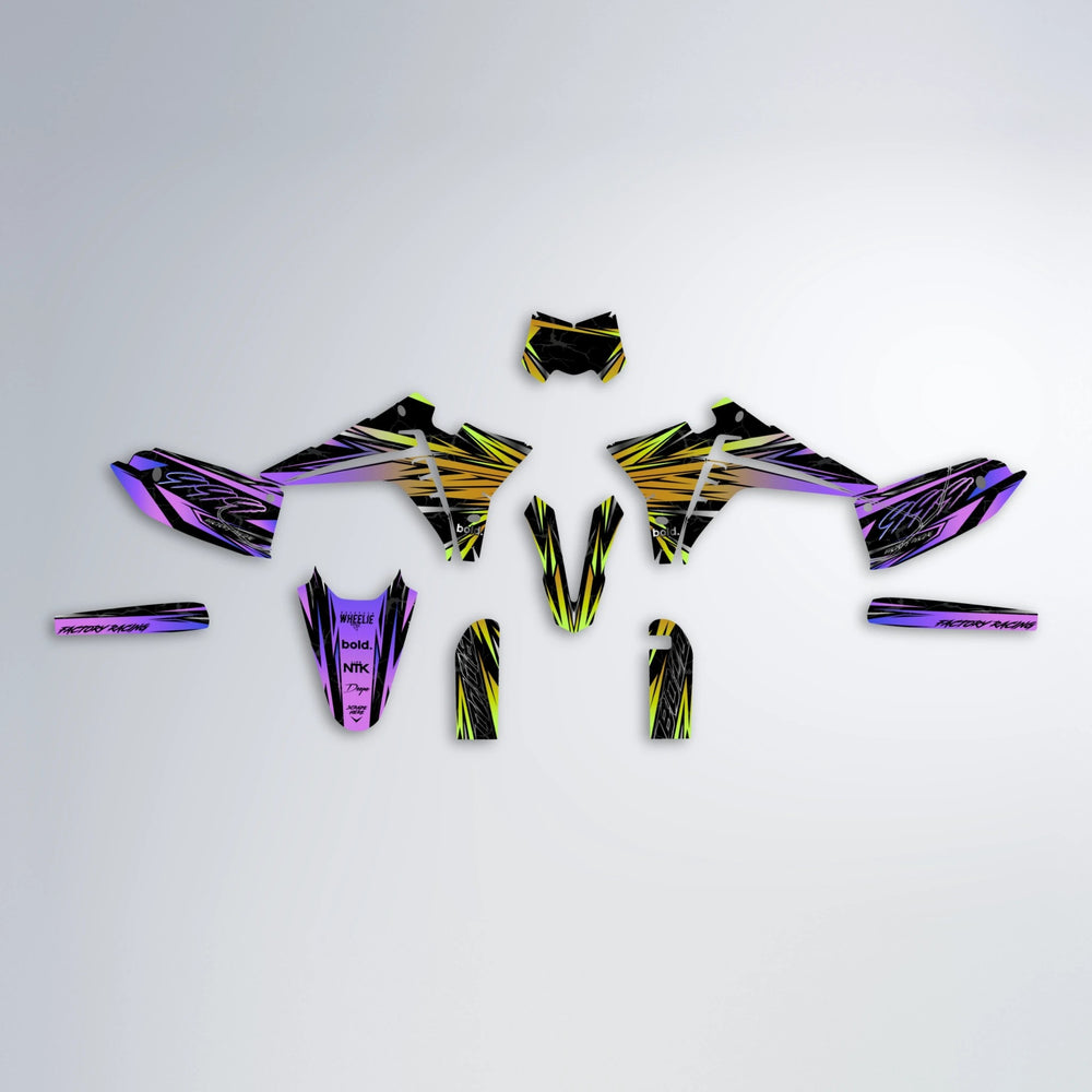 REDRUM Fantic graphics kit parts layout in Purple & Yellow