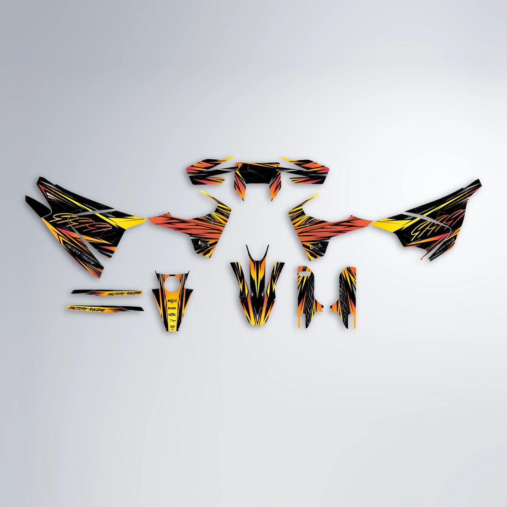REDRUM Husqvarna 701 graphics kit parts layout in Orange & Yellow