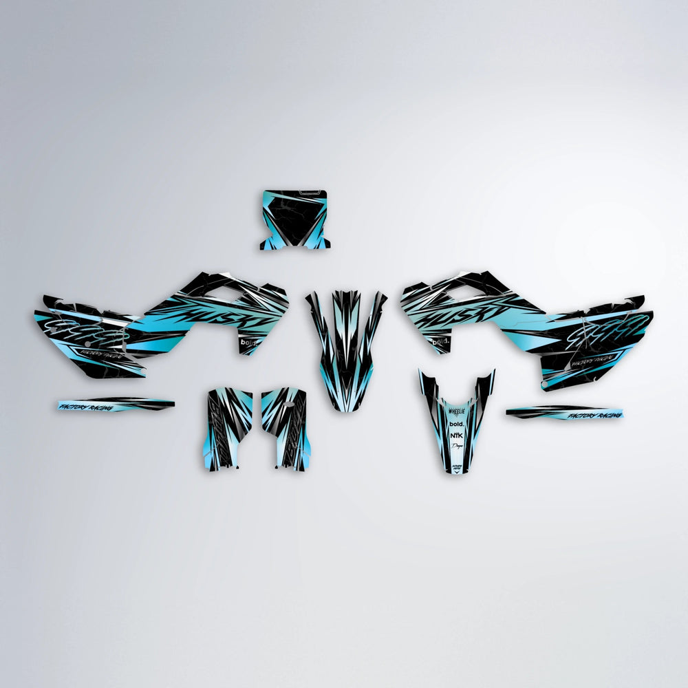 REDRUM Husqvarna FE/TE graphics kit parts layout in Light Blue & White