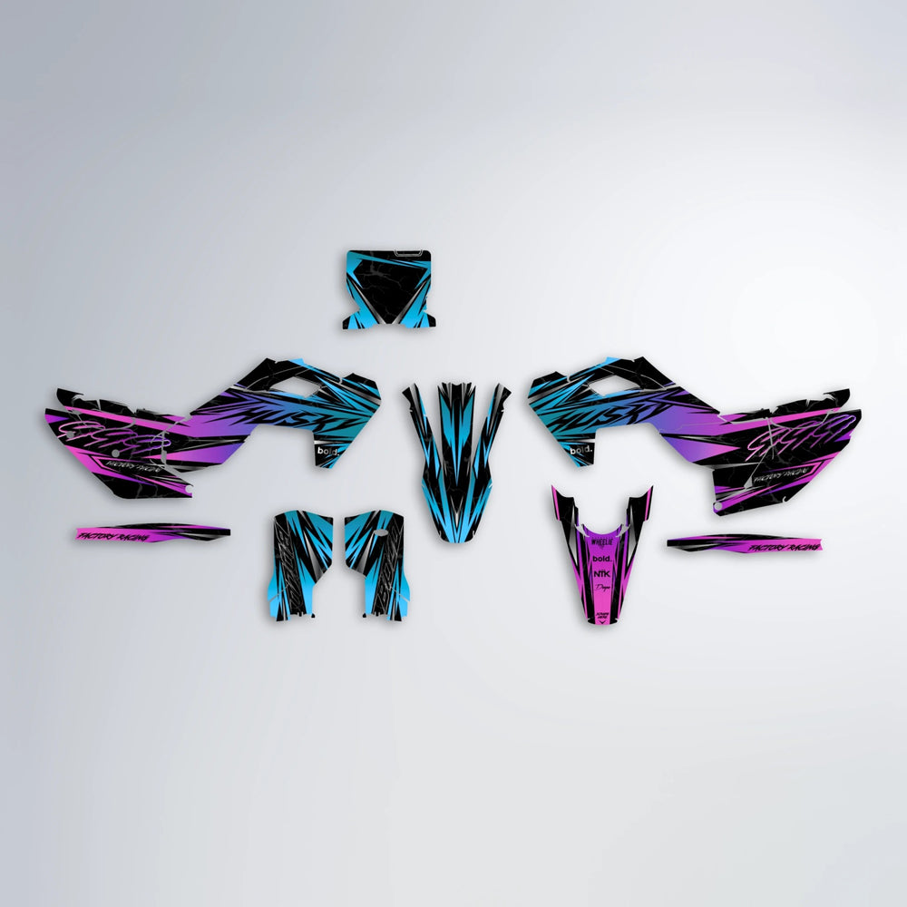 REDRUM Husqvarna FE/TE graphics kit parts layout in Pink & Light Blue