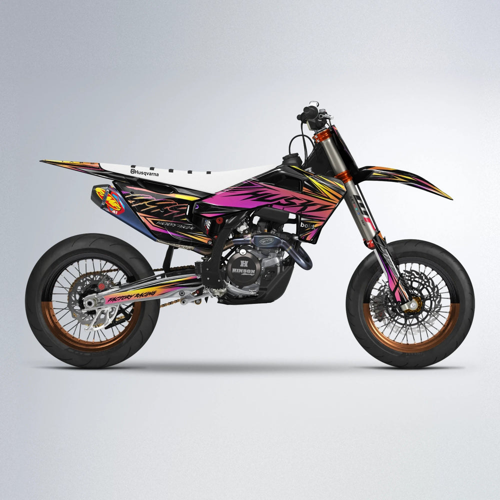 REDRUM Husqvarna FE/TE supermoto graphics kit in Pink & Yellow