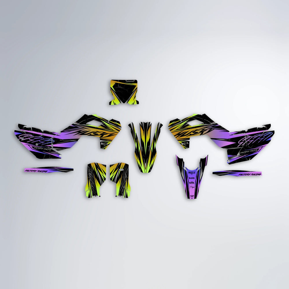 REDRUM Husqvarna FE/TE graphics kit parts layout in Purple & Yellow