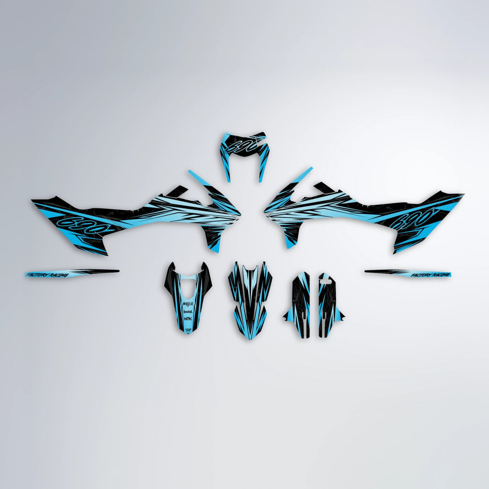 REDRUM KTM SMC 690 graphics kit parts layout in Light Blue & White