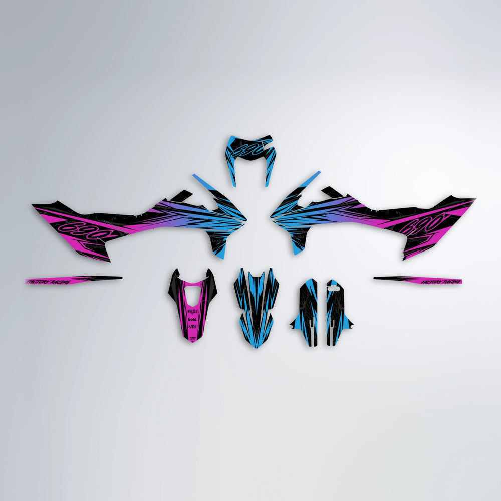 REDRUM KTM SMC 690 graphics kit parts layout in Pink & Light Blue
