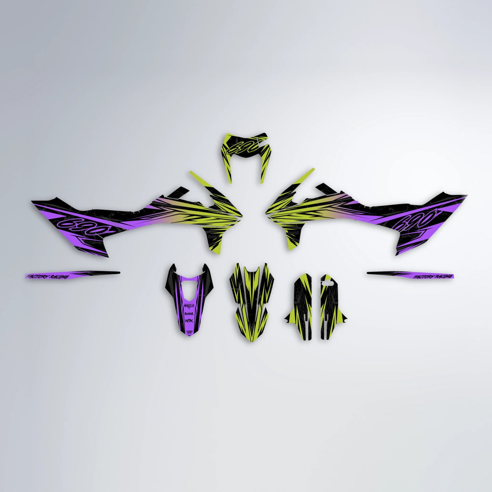 REDRUM KTM SMC 690 graphics kit parts layout in Purple & Yellow