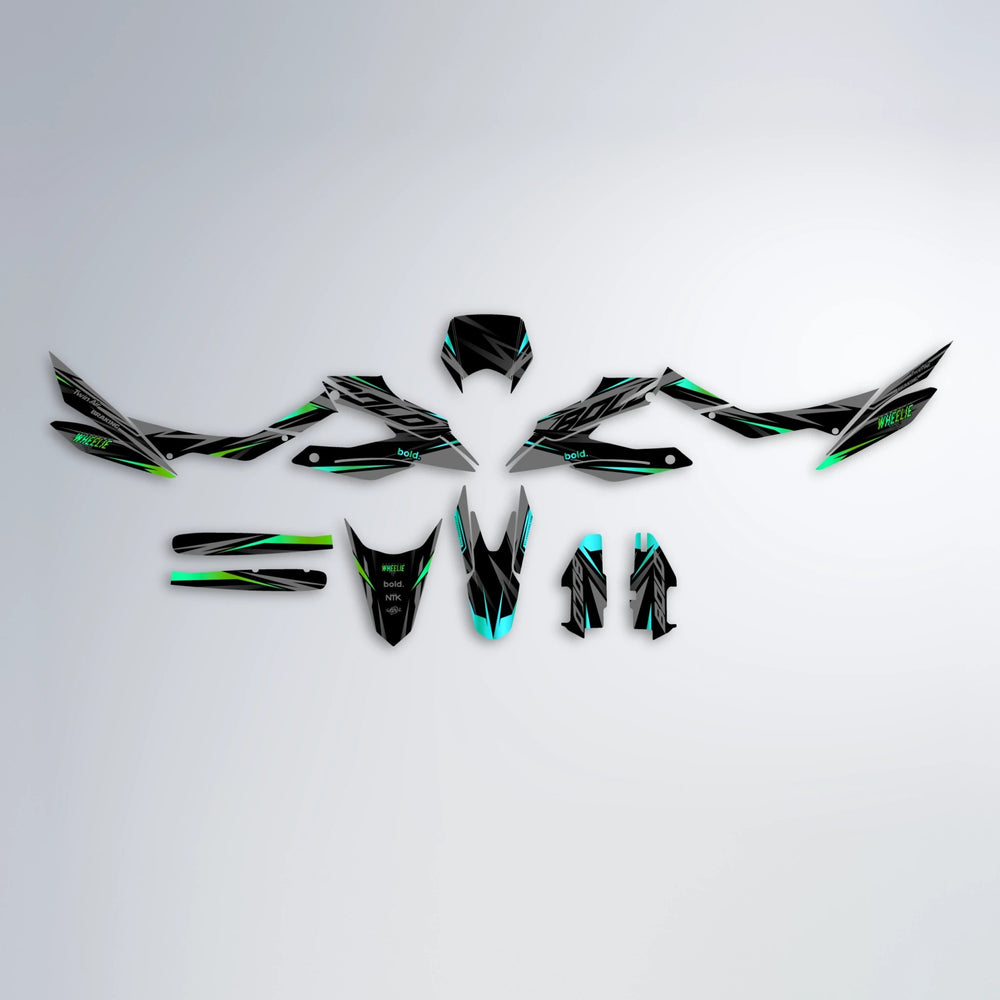 RETAIN Aprilia SX 125 graphics kit parts layout in Cyan & Green