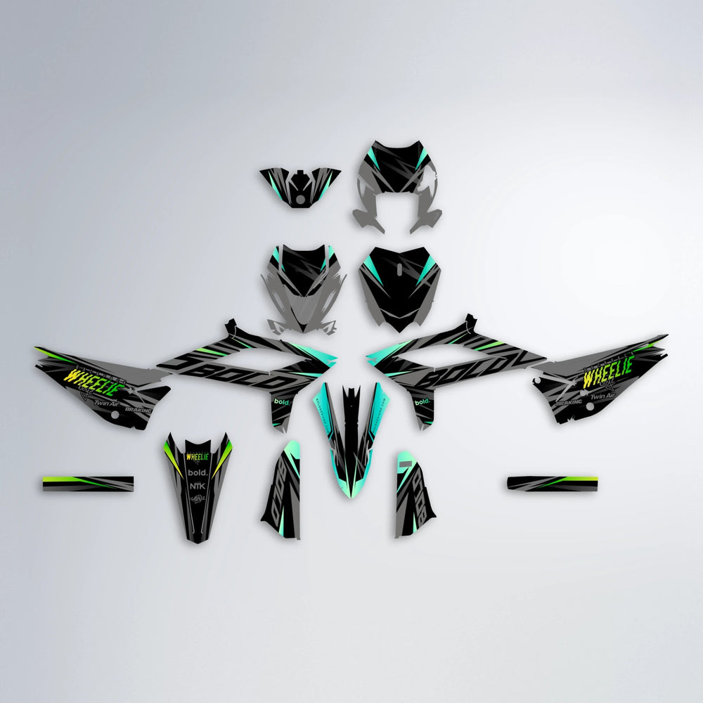 RETAIN Beta graphics kit parts layout in Cyan & Green