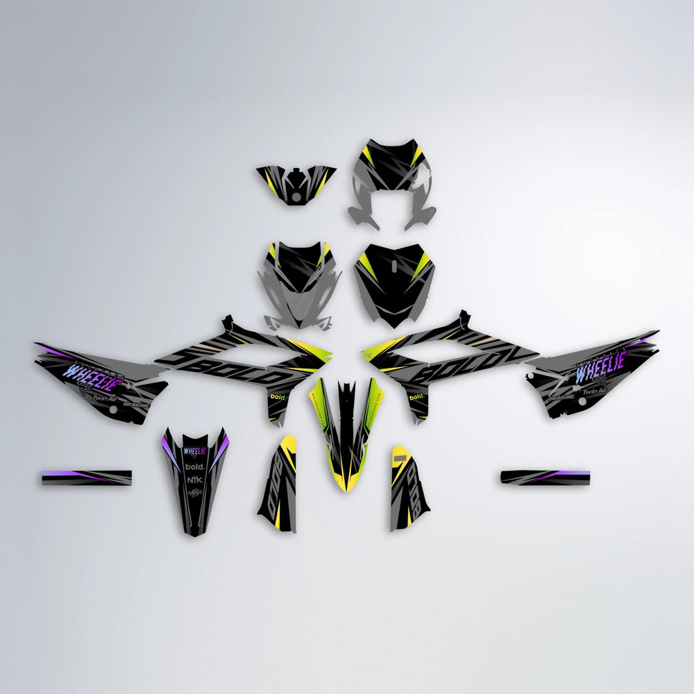 RETAIN Beta graphics kit parts layout in Purple & Yellow