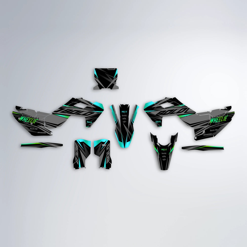 RETAIN Husqvarna FE/TE graphics kit parts layout in Cyan & Green