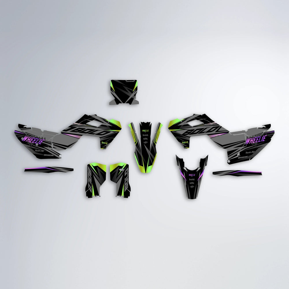 RETAIN Husqvarna FE/TE graphics kit parts layout in Purple & Yellow