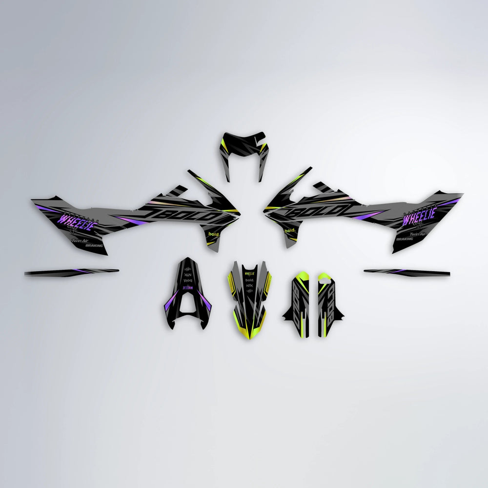 RETAIN KTM SMC 690 graphics kit parts layout in Purple & Yellow