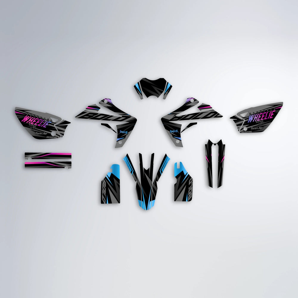 RETAIN Rieju MRT graphics kit parts layout in Pink & Light Blue