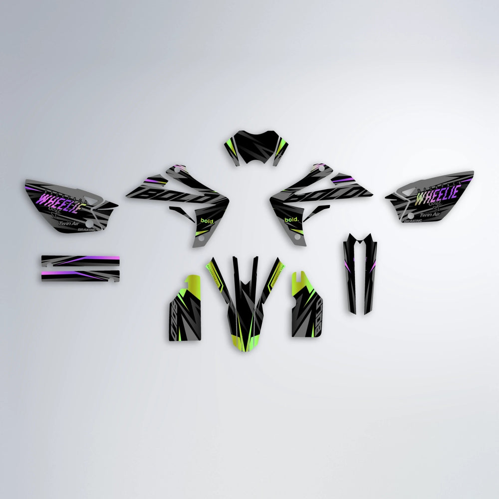 RETAIN Rieju MRT graphics kit parts layout in Purple & Yellow