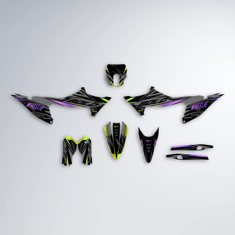 RETAIN Stark Varg MX graphics kit parts layout in Purple & Yellow