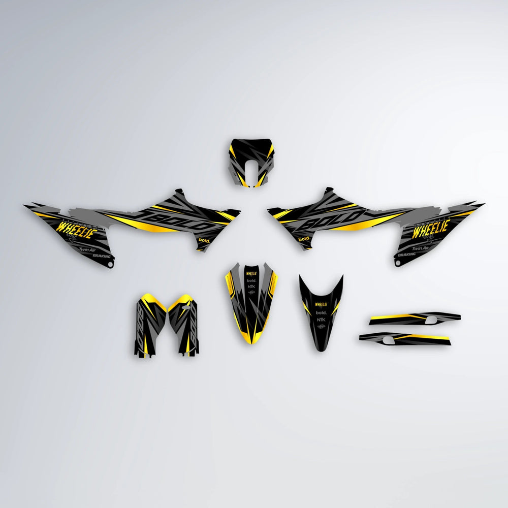 RETAIN Stark Varg MX graphics kit parts layout in Yellow