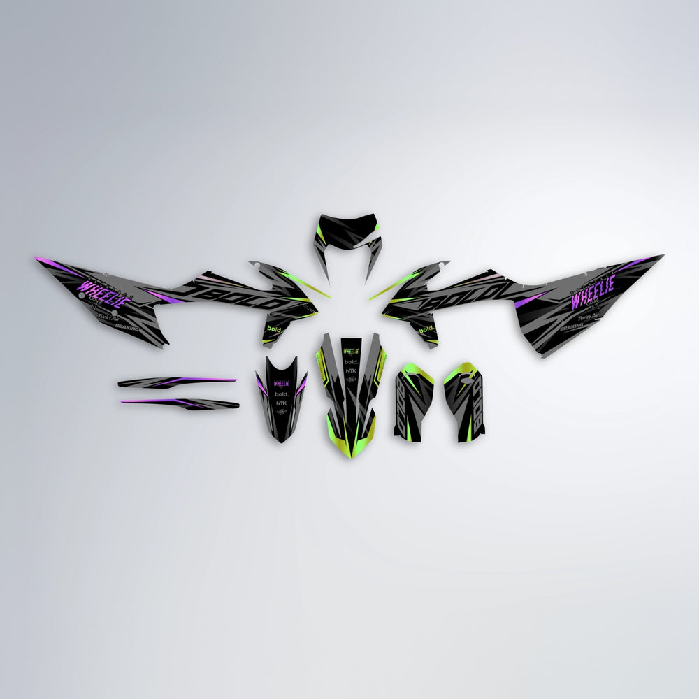 RETAIN graphics kit parts layout in Purple & Fluo Yellow