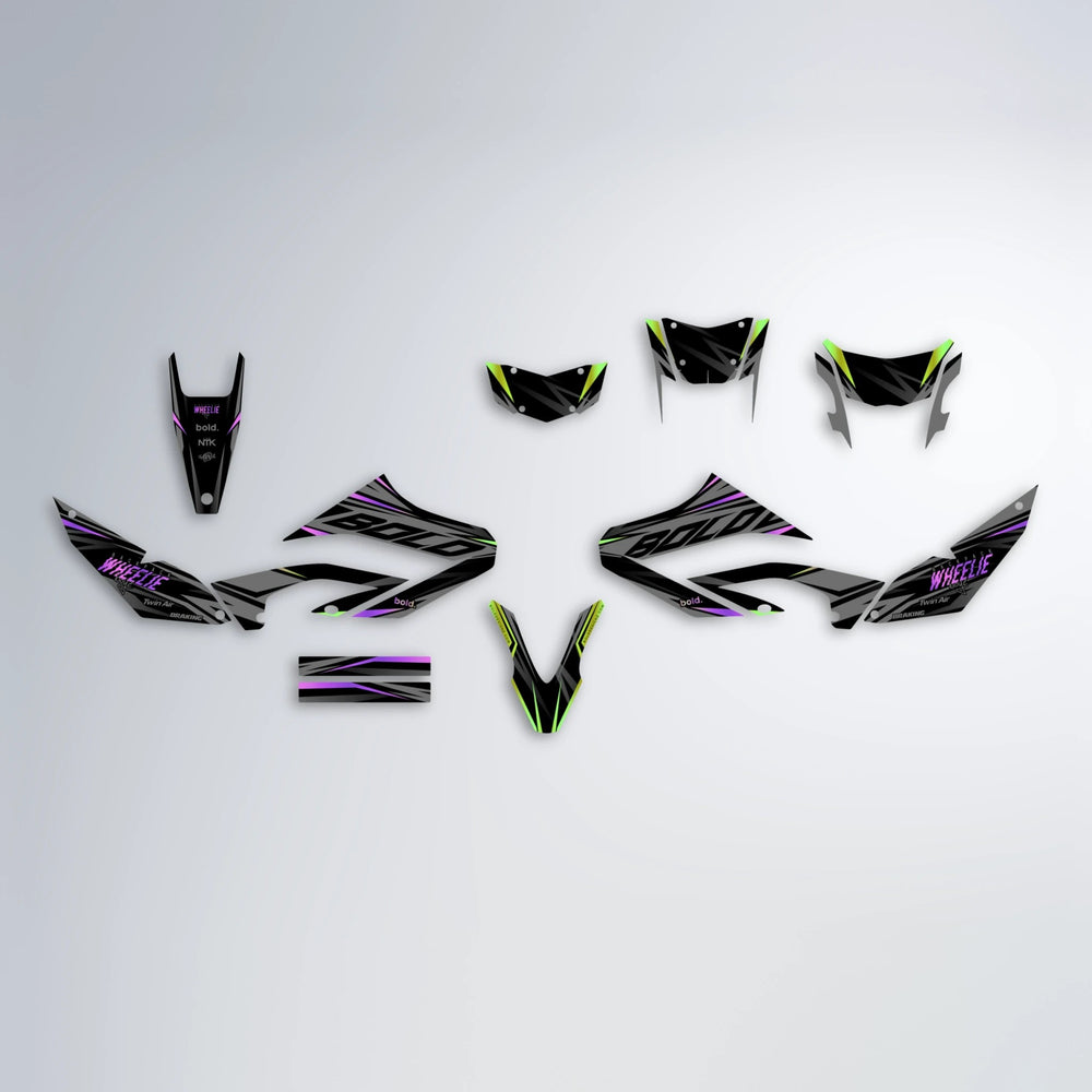 RETAIN Yamaha WR 125X graphics kit parts layout in Purple & Yellow