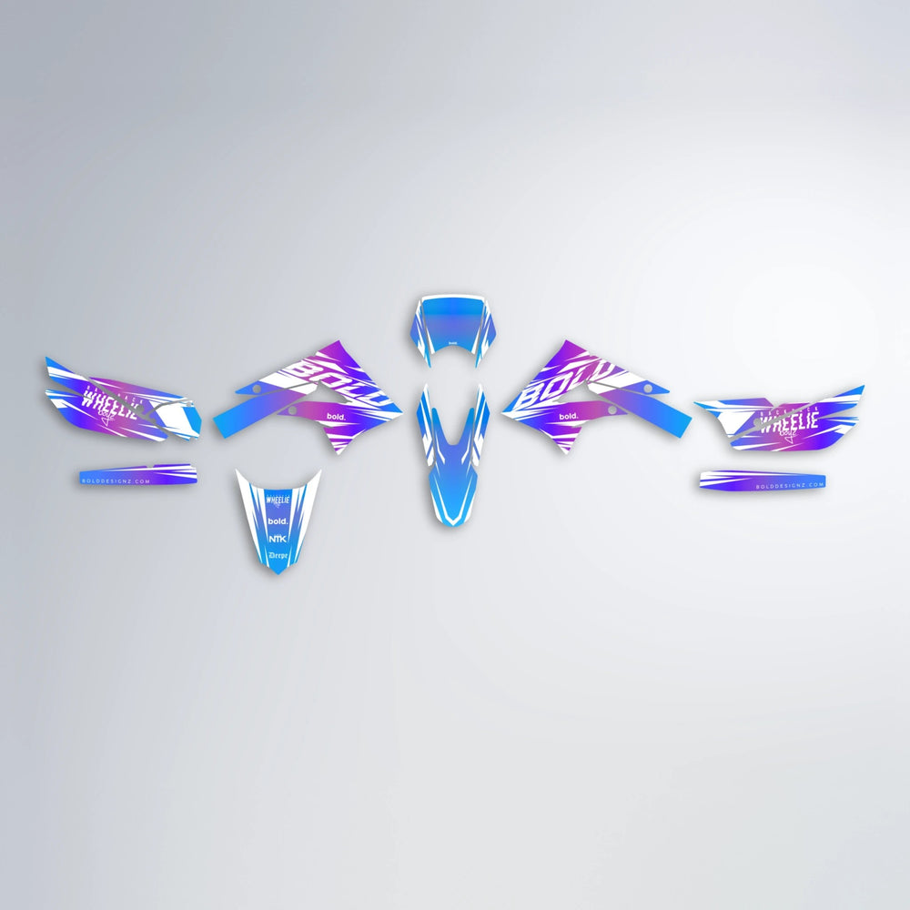 RETRO Derbi Senda graphics kit parts layout in Blue Purple Fade