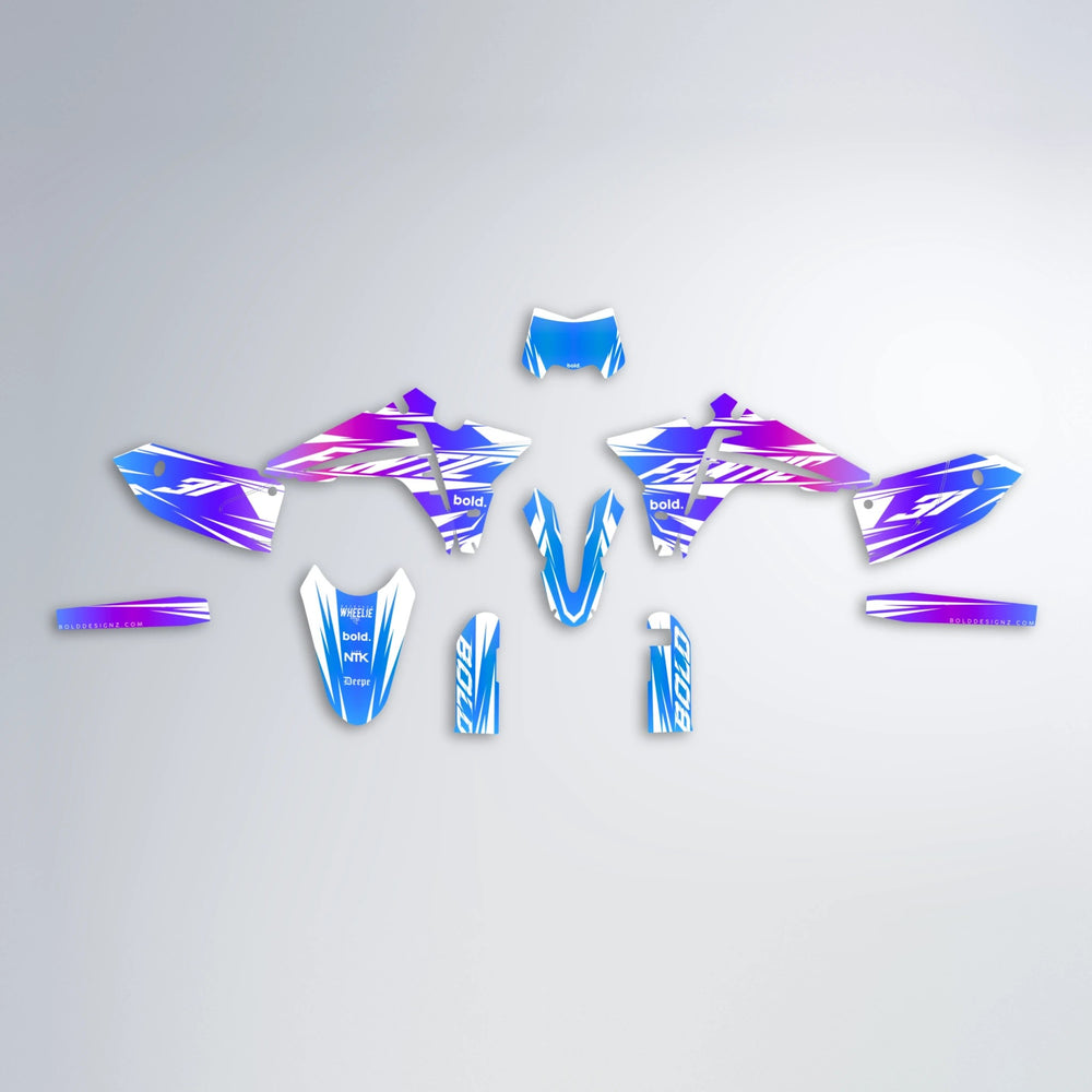 RETRO Fantic graphics kit parts layout in Blue Purple Fade