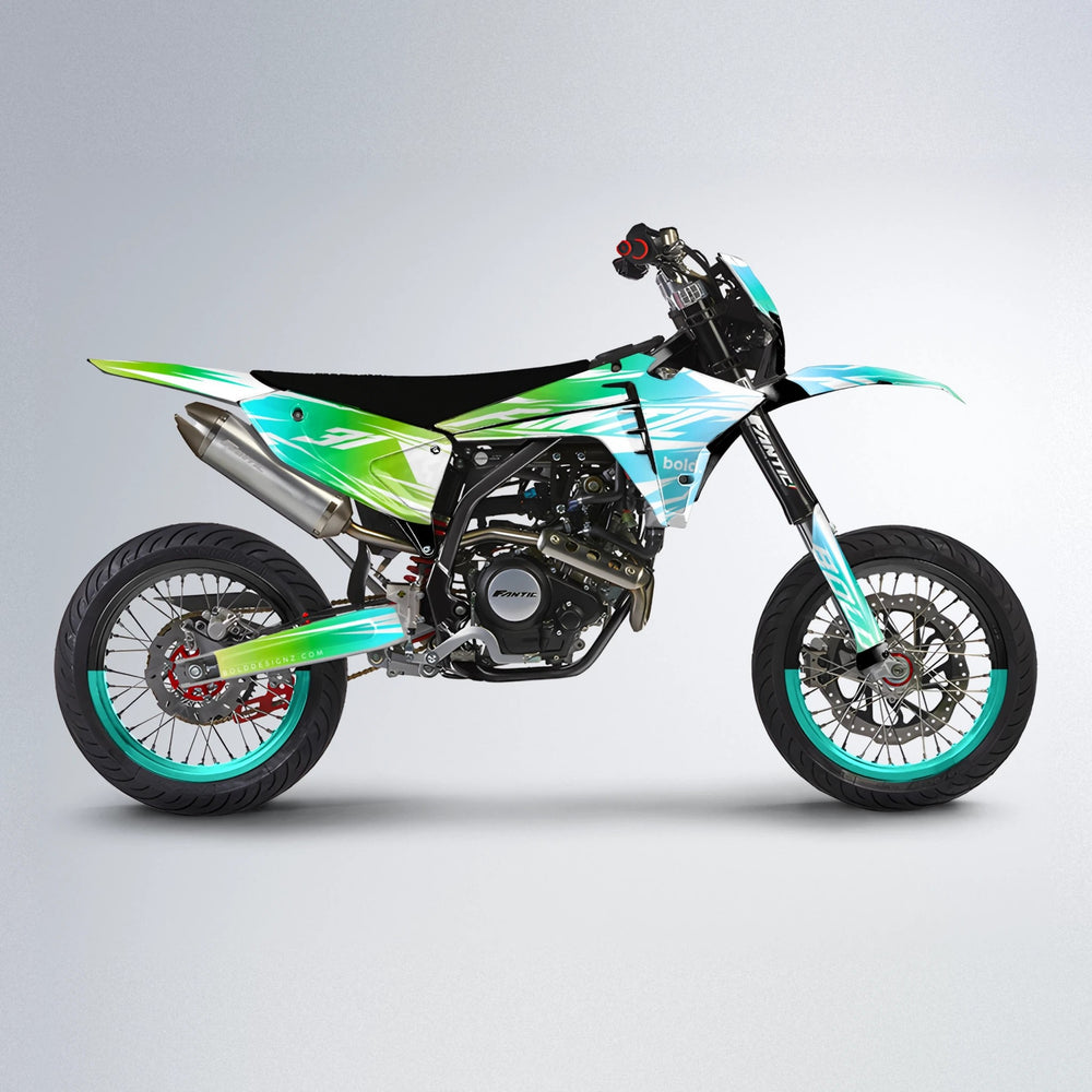 RETRO Fantic supermoto graphics kit in Cyan & Green