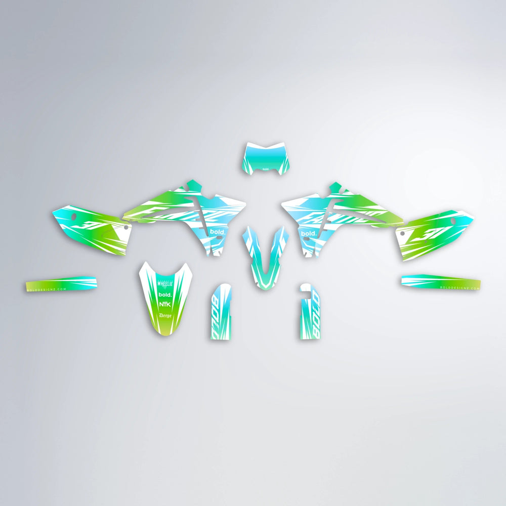RETRO Fantic graphics kit parts layout in Cyan & Green