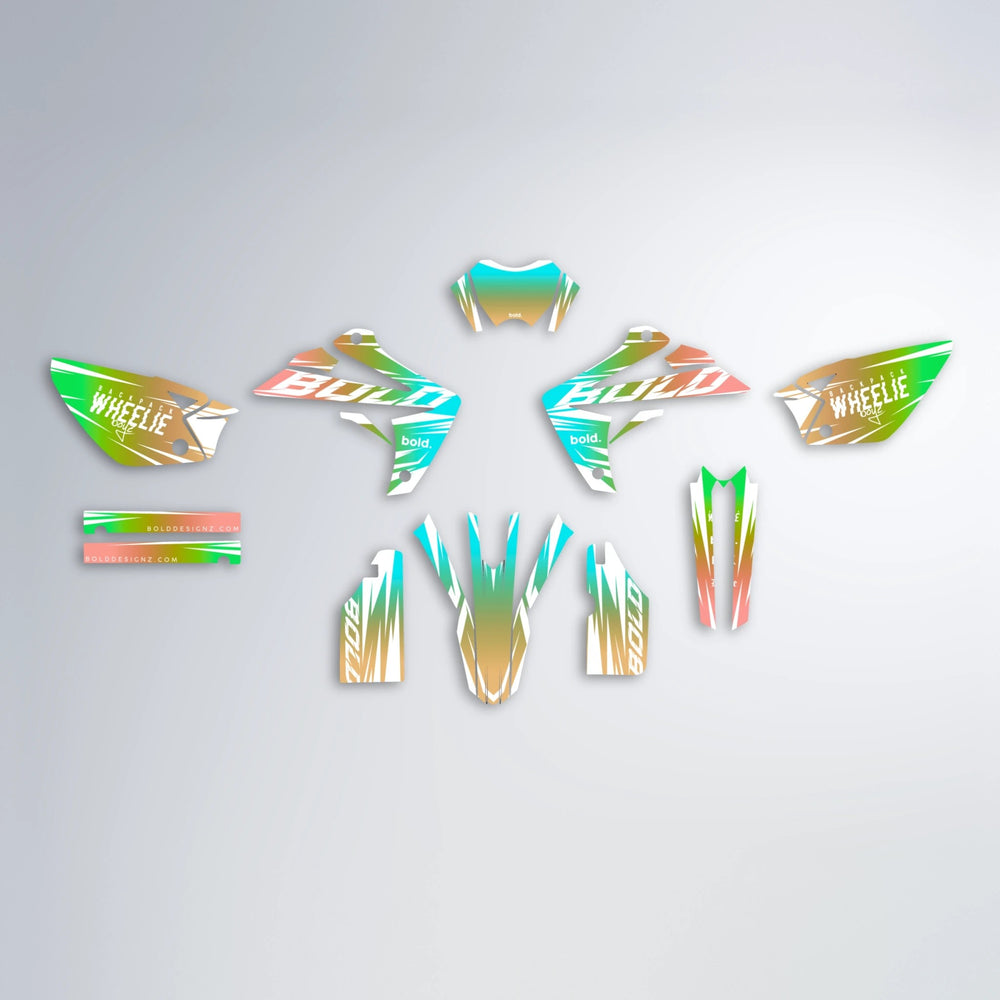RETRO Rieju MRT graphics kit parts layout in Cyan & Green