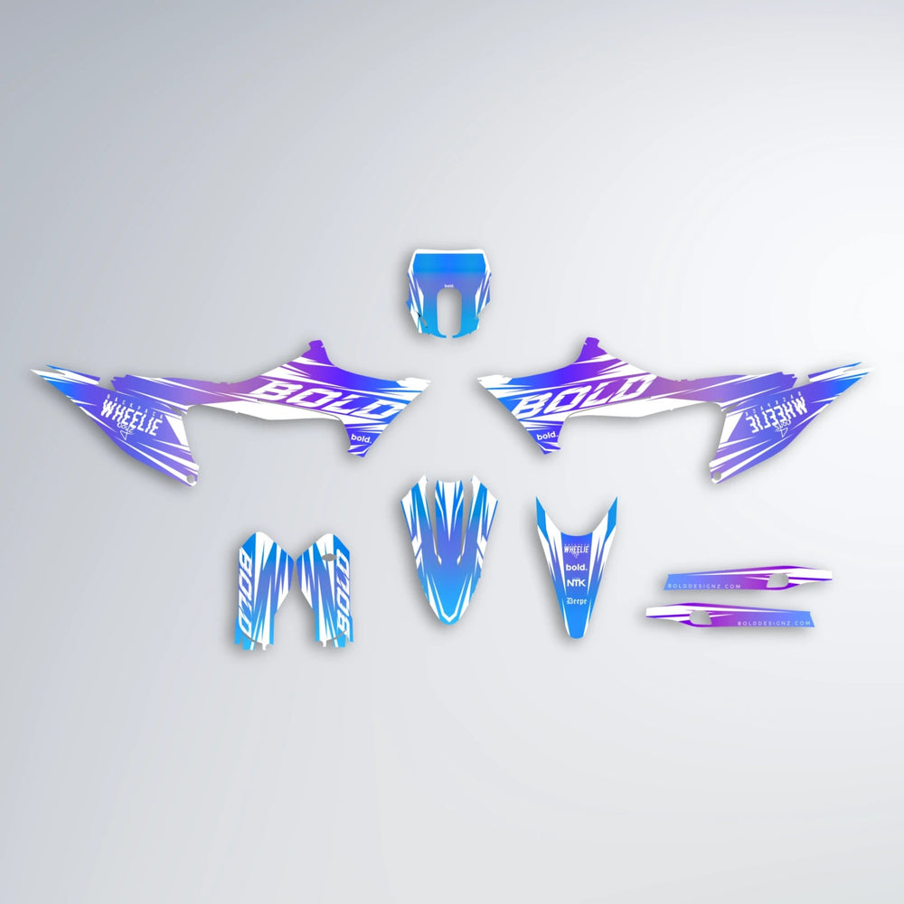RETRO Stark Varg MX graphics kit parts layout in Blue Purple Fade