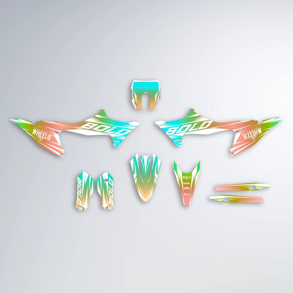 RETRO Stark Varg SM graphics kit parts layout in Cyan & Green