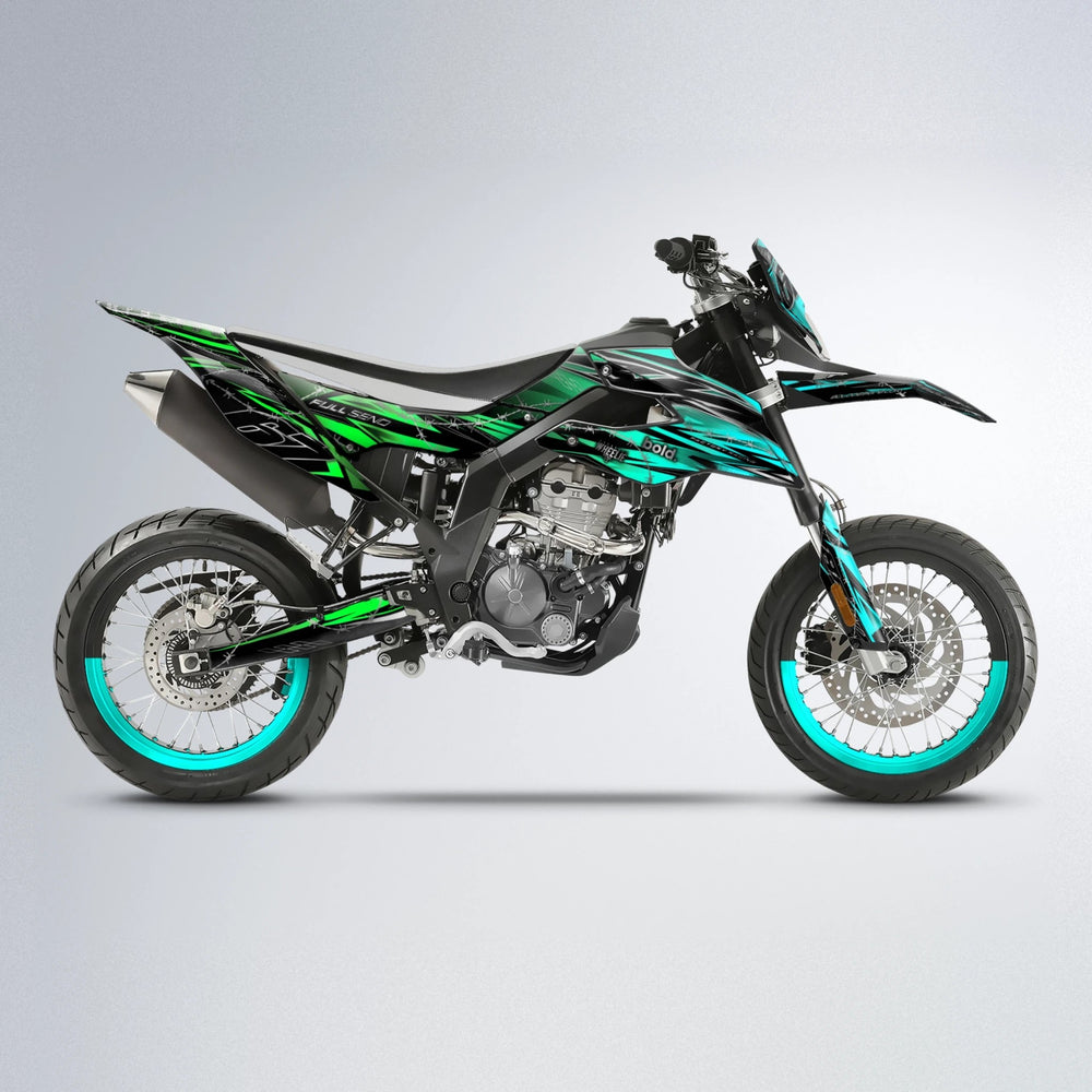 RIOT Aprilia SX 125 supermoto graphics kit in Cyan & Green