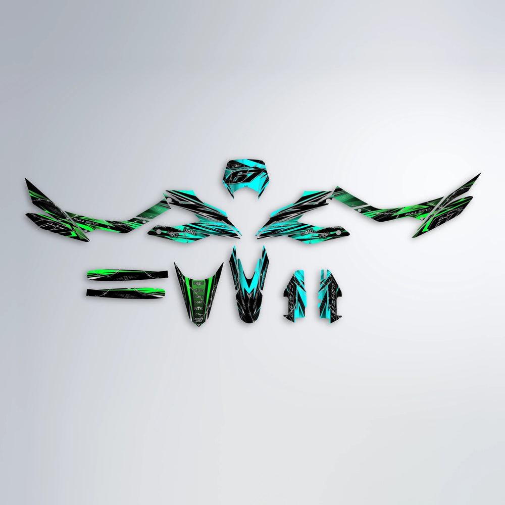 RIOT Aprilia SX 125 graphics kit parts layout in Cyan & Green