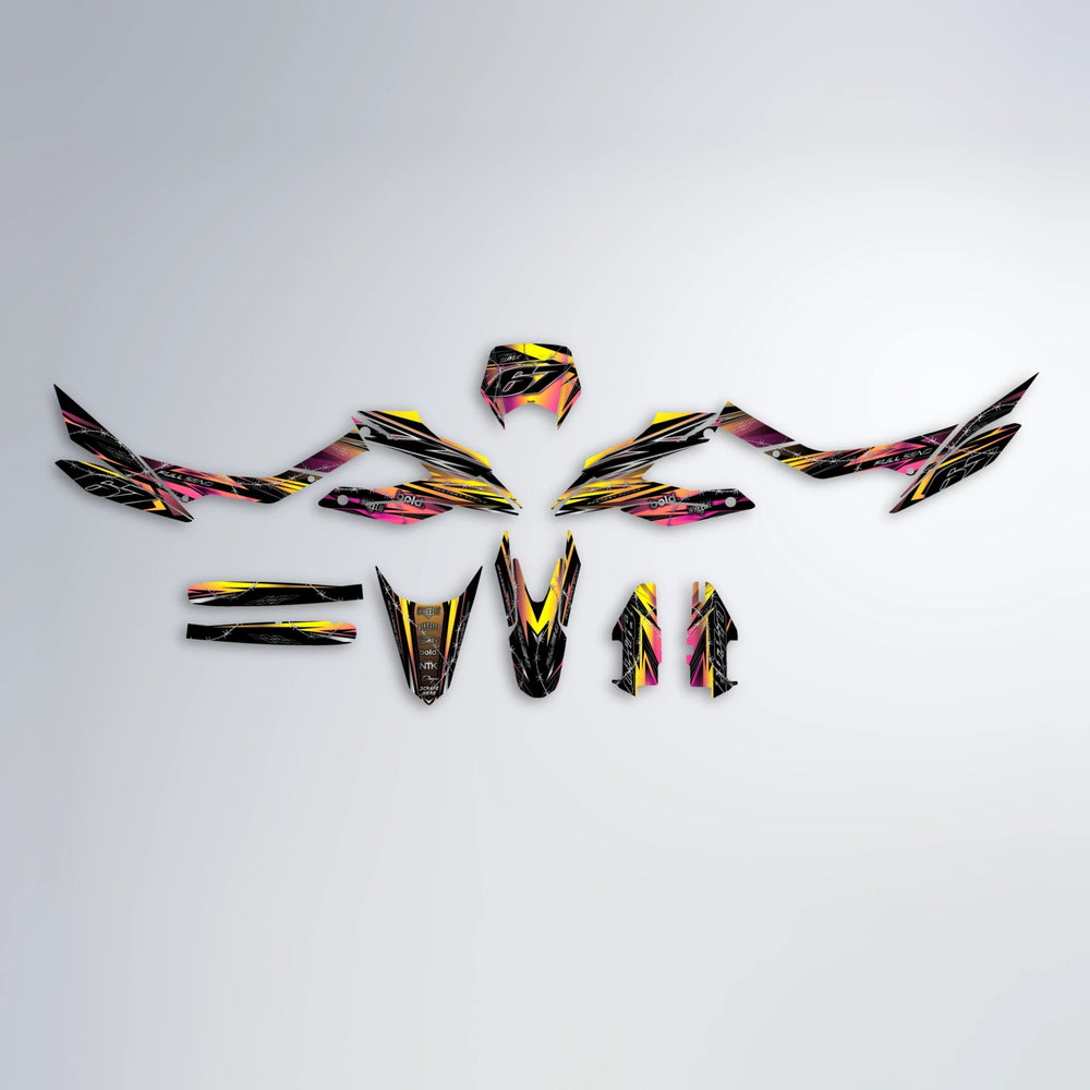 RIOT Aprilia SX 125 graphics kit parts layout in Pink & Yellow
