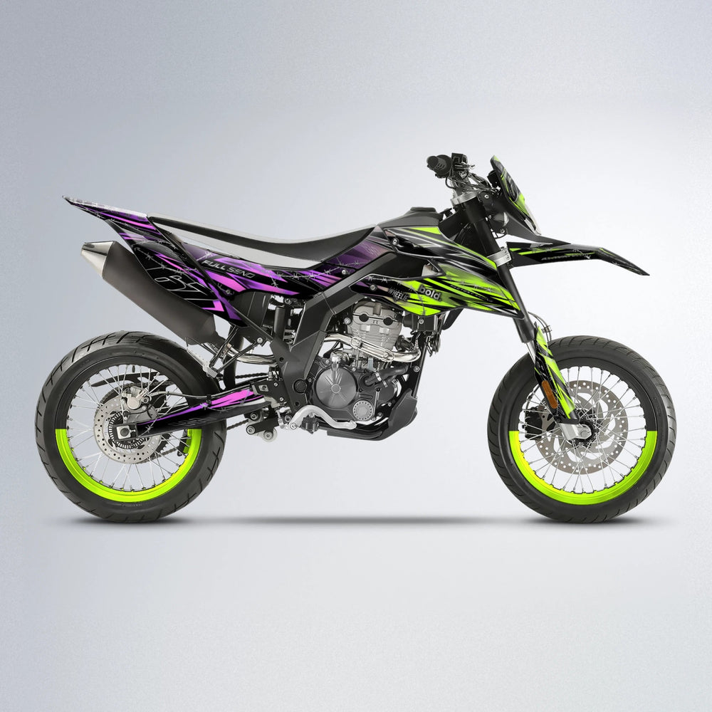 RIOT Aprilia SX 125 supermoto graphics kit in Purple & Yellow