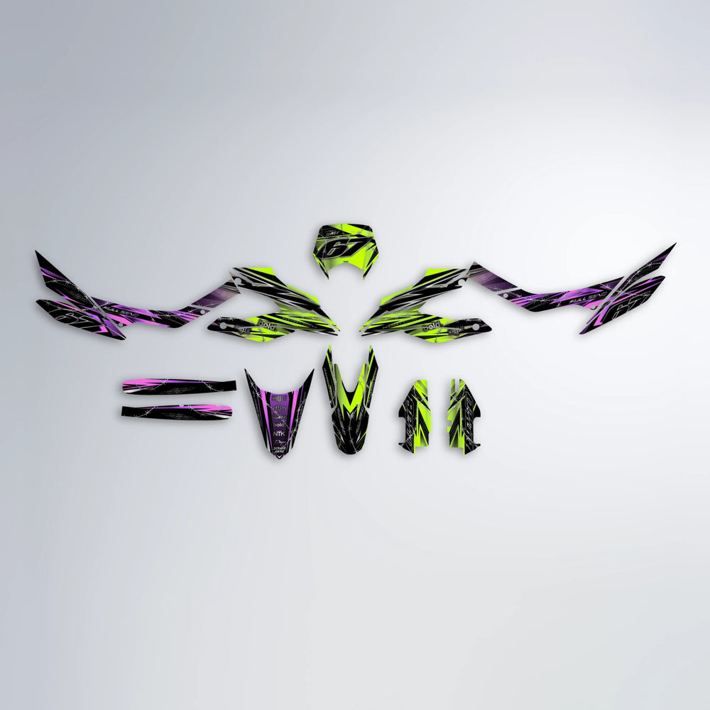 RIOT Aprilia SX 125 graphics kit parts layout in Purple & Yellow